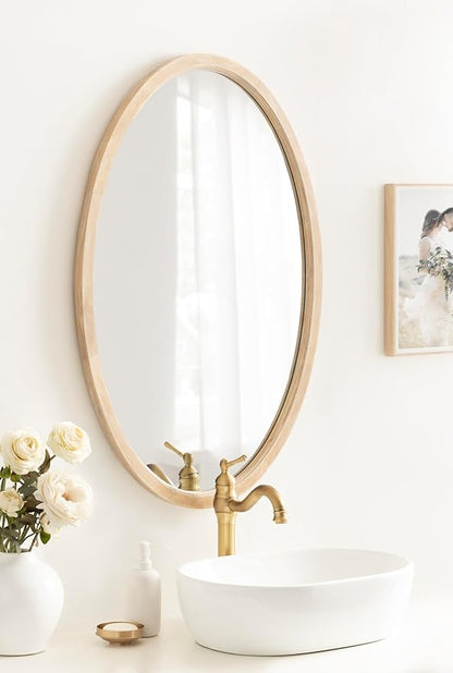 Kate and Laurel Hogan Modern Wooden Oval Wall Mirror; 24 x 36; Natural Wood; Transitional Rounded Mirror for Use as Bathroom Mirror or Entryway Mirror Decor