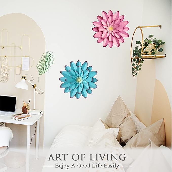 AHYS Metal Flowers Wall Decor Indoor Outdoor Metal Wall Art for Farmhouse Home Living Room Bedroom Bathroom Garden Decor – 12 Inch - Pink