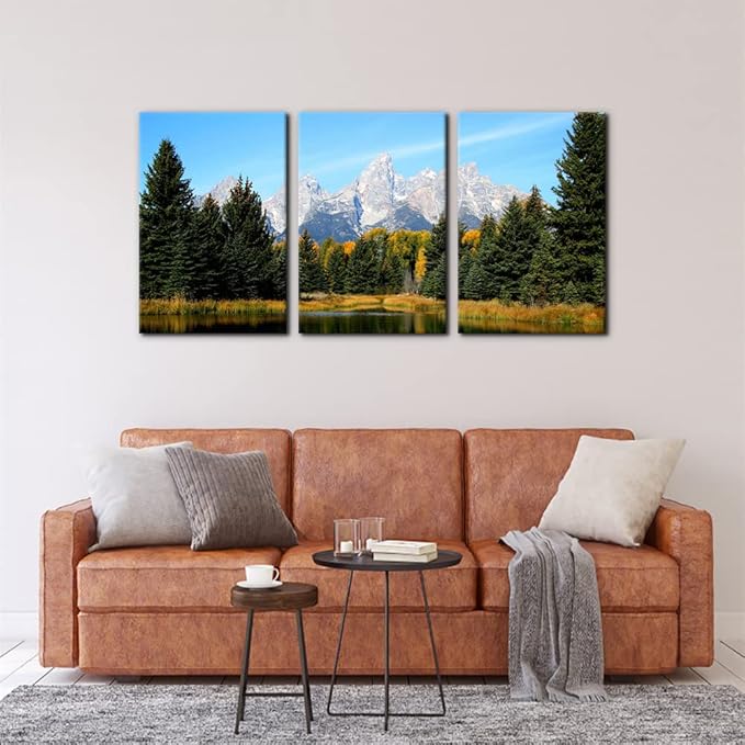 Pacimo 3 Pieces Canvas Art Wall Decor Grand Teton National Park Pictures Natural Landscape Painting Pond Prints on Canvas Modern Artwork Stretched and Framed Ready to Hang - 16"x24"x3 Panels
