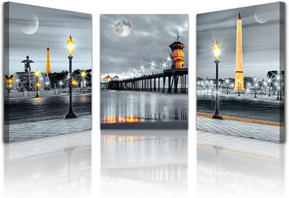 Lapremoly Large Wall Art for Living Room Modern Framed Canvas Wall Decor for Bathroom Family Bedroom Wall Decorations Night View Paintings Kitchen Canvas Art Hang Pictures Artwork 3 Pieces Poster