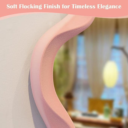 Wavy Mirror Wall Decor for Living Room, 13.8x29.7 Asymmetrical Wall Mounted Mirror with Velvet Touch for Girly Bedroom Decoration, Unique Home Accent for Modern Room Aesthetics (Light Pink)