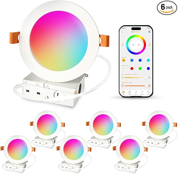 ILC 4 Inch LED Recessed Lighting Compatible with Alexa (Hub Required), 10W, APP Controlled, RGB Color Changing, 2700K-6000K, 100W Equivalent, Canless Recessed Ceiling Lights,Bluetooth MESH (6 Packs)