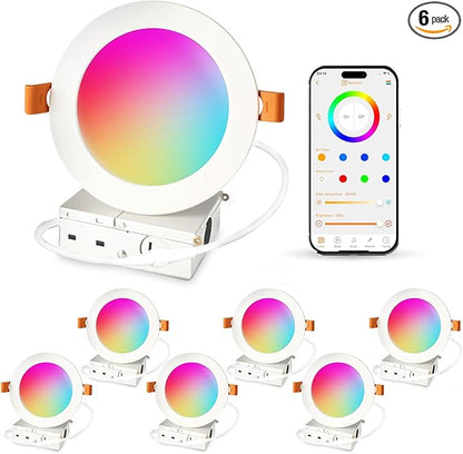 ILC 4 Inch LED Recessed Lighting Compatible with Alexa (Hub Required), 10W, APP Controlled, RGB Color Changing, 2700K-6000K, 100W Equivalent, Canless Recessed Ceiling Lights,Bluetooth MESH (6 Packs)