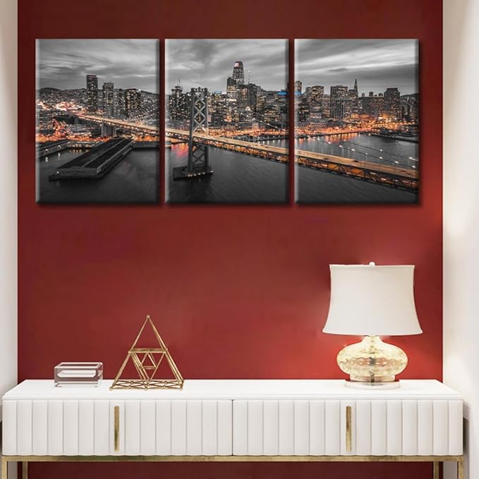 TUMOVO 3 Piece American Cityscape Wall Art for Living Room Cityscape View of San Francisco and the Bay Bridge at Night California Wall Decor for Bedroom Framed Ready to Hang (36" Wx16 H)
