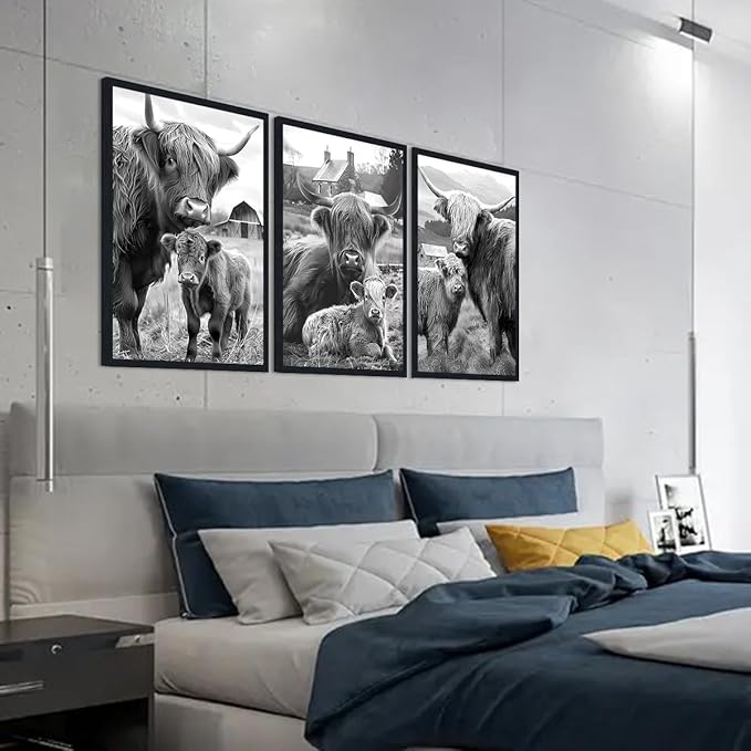 Black White Vintage Highland Cow Framed Canvas Wall Art Farmhouse Highland Cow & Calf Poster for Kitchen Wall Decor Western Country Animals Print Artwork for Gallery Decoration 16x24inchx3pcs