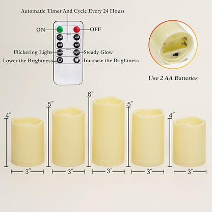 Homemory Waterproof Flameless Candles, Outdoor Indoor Battery Operated LED Pillar Candles with Remote Control and Timer, Plastic, Long Lasting, D3 x H4 4" 5" 5" 6", Set of 5