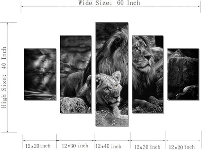 Yatsen Bridge Modern Lion and Lioness Canvas Wall Art 5 Panels Black and White Lions Painting Prints on Posters Easy to Hang for Home Decor - 60''W x 40''H