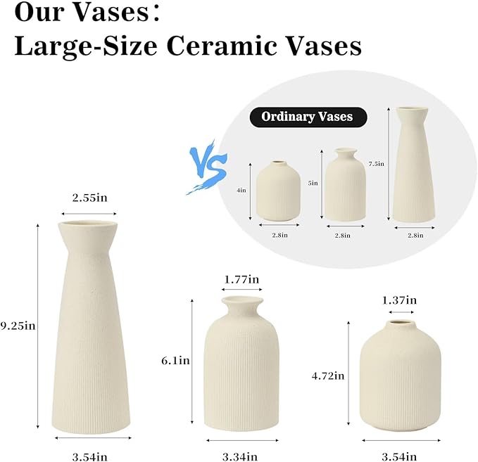 Ceramic Flower Vases Set of 3, Valentine's Day Gift Vases with Vertical Stripe Texture, Modern Decorative Vases for Dried Flowers, Home Decor Vases for Living Room Bedroom Kitchen Shelf(Beige)