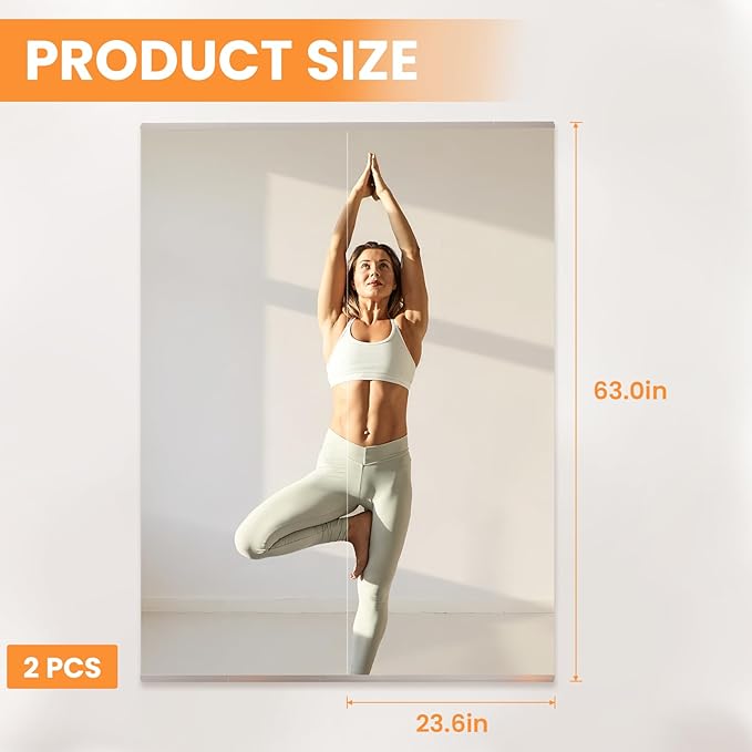 Peegel Home Gym Mirror - 63''x24''(2PCS) Large Frameless Tempered Glass Workout Mirrors for Home Gym Wall,Yoga,Garage,Dance