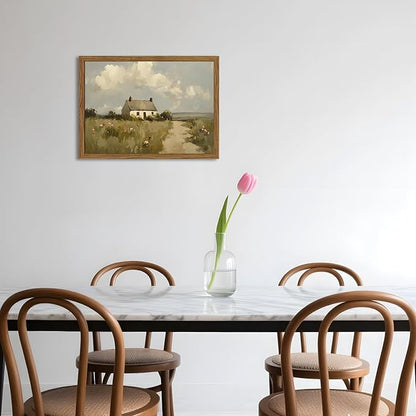 Vintage Farmhouse Wall Art, Country Cottage Wall Decor Paintings, Framed 3D Textured Hand Drawn Sandstone Natural Countryside Landscape Artwork for Bedroom Living Room 16x24 inch Wood Frame