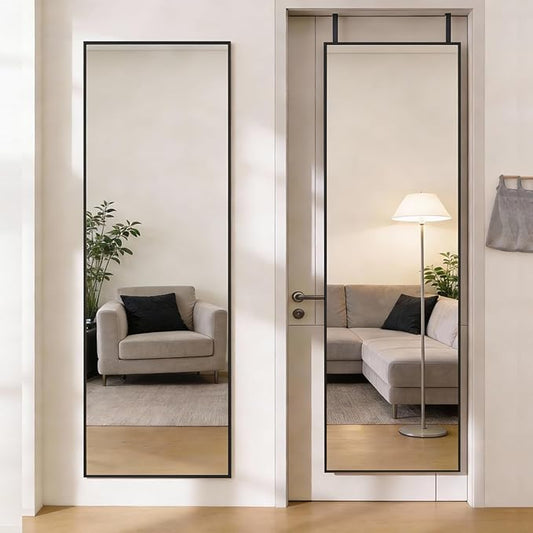 DUMOS 47x14 Full Length Mirror Over the Door, Wall Mounted Full Body Mirror, Door Hanging Metal Aluminum Alloy Frame Dressing Mirror for Bedroom, Living Room, Entryway, Black
