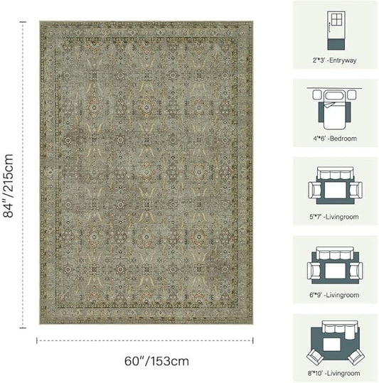 Rugxara 5x7 Area Rugs for Living Room Bedroom, Washable Rug, Vintage Floral Boho Rug, Non Slip & Low Pile Faux Wool Thin Carpet for Indoor Dining Room and Kids Room(Olive Brown 5x7ft)