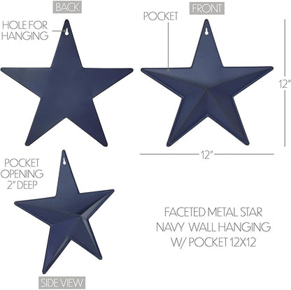 VHC Brands Patriotic Faceted Metal Star Wall Hanging - Navy, 12x12, Distressed Appearance, American Star with Display Pocket, Independence Day Decor