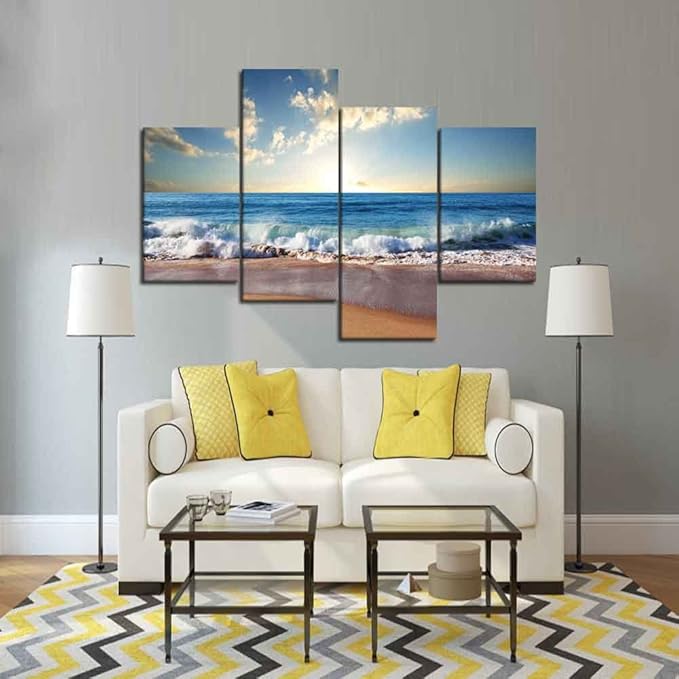 Beautiful Sunrise Beach Ocean Wave Pictures Wall Art for Living Room Home Decor Framed Stretched Modern Landscape Seascape Painting on Canvas 4 PCS Combination (40" W x 28" H)