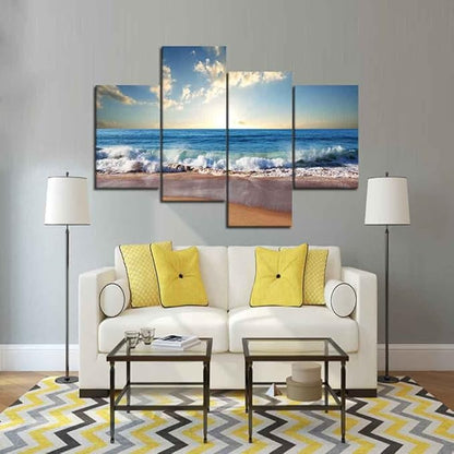 Beautiful Sunrise Beach Ocean Wave Pictures Wall Art for Living Room Home Decor Framed Stretched Modern Landscape Seascape Painting on Canvas 4 PCS Combination (40" W x 28" H)