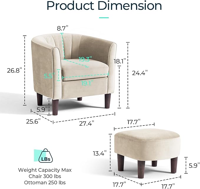 LINSY Small Accent Chair with Ottoman, Modern Barrel Chair Comfy Armchair Reading Chair with Footrest, Small Round Arms Chair for Living Room Bedroom Reading Room, Velvet, Beige