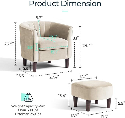 LINSY Small Accent Chair with Ottoman, Modern Barrel Chair Comfy Armchair Reading Chair with Footrest, Small Round Arms Chair for Living Room Bedroom Reading Room, Velvet, Beige