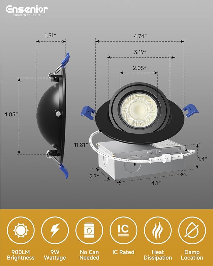 Ensenior 6 Pack 4 inch Black Gimbal Led Recessed Light, 5CCT 2700K-5000K, 360°+90° Adjustable, Dimmable, Aluminum, CRI90+, 900LM 9W 120V, Eyeball Recessed Lighting, Directional Can Light, ETL&FCC