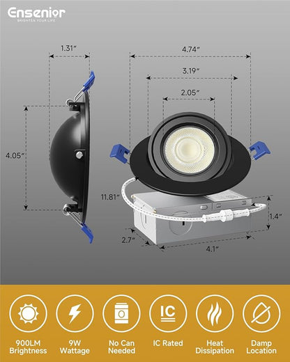 Ensenior 12 Pack 4 inch Black Gimbal Led Recessed Light, 5CCT 2700K-5000K, 360°+90° Adjustable, Dimmable, Aluminum, CRI90+, 900LM 9W 120V, Eyeball Recessed Lighting, Directional Can Light, ETL&FCC