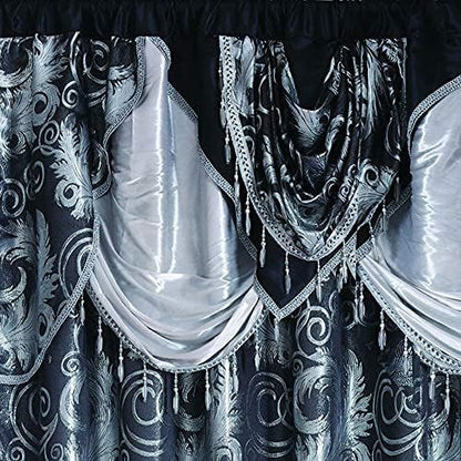 GLORY RUGS Jacquard Luxury Window 2 Panel Set Black Curtain with Attached Valance and Backing Bedroom Living Room Dining 2 Curtains 55x84 inches Each Jana