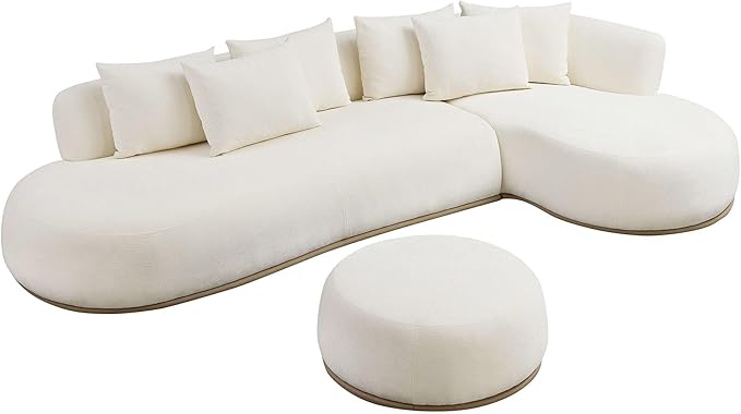 WILLIAMSPACE 134.63" Oversize Curved Sofa Cloud Couch with Round Chaise & Ottoman, Modern Upholstered Curved Sectional Sofa Couch with 6 Pillows for Living Room, No Assembly (Right-Facing,Cream White)