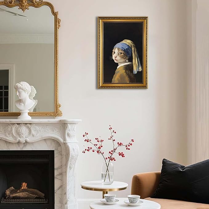 YD&YZY Gold Framed Funny Cat Wall Art Canvas Girl with a Pearl Earring Cat Wall Decor Unique Cute Animal Painting Picture Print Artwork for Bedroom Living Room Bathroom 16x24 inch Framed
