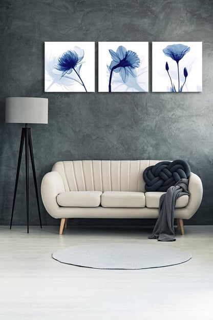 Wieco Art Blue Abstract Flowers 3 Panels Canvas Prints Wall Art Modern Pictures Artwork for Living Room Bedroom and Home Decorations