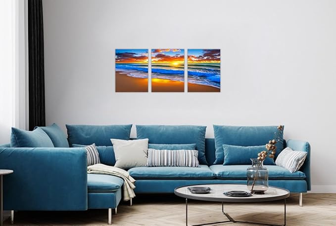 TutuBeer 3 Panels Beach Pictures Blue Sea White Beach at Sunrise Picture Print on Canvas Ocean Pictures Wall Decor Ocean Canvas Art Seascape Wall Art Stretched and Framed 12" x24" x 3