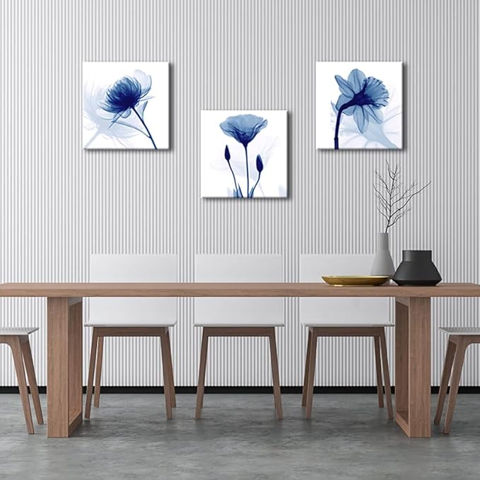 Wieco Art Blue Abstract Flowers 3 Panels Canvas Prints Wall Art Modern Pictures Artwork for Living Room Bedroom and Home Decorations