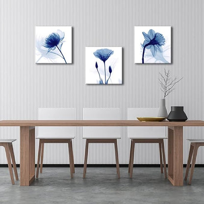 Wieco Art Blue Abstract Flowers 3 Panels Canvas Prints Wall Art Modern Pictures Artwork for Living Room Bedroom and Home Decorations