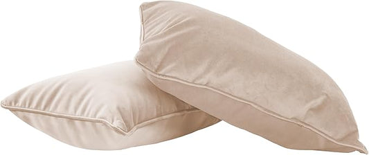 FDP 12" x 20" Velvet Rectangle Lumbar Pillow Set with Piping Decorative Throw Pillow for Home Décor in Living Room, Bedroom or Lounge (2-Pack) - Beige, 15159-340
