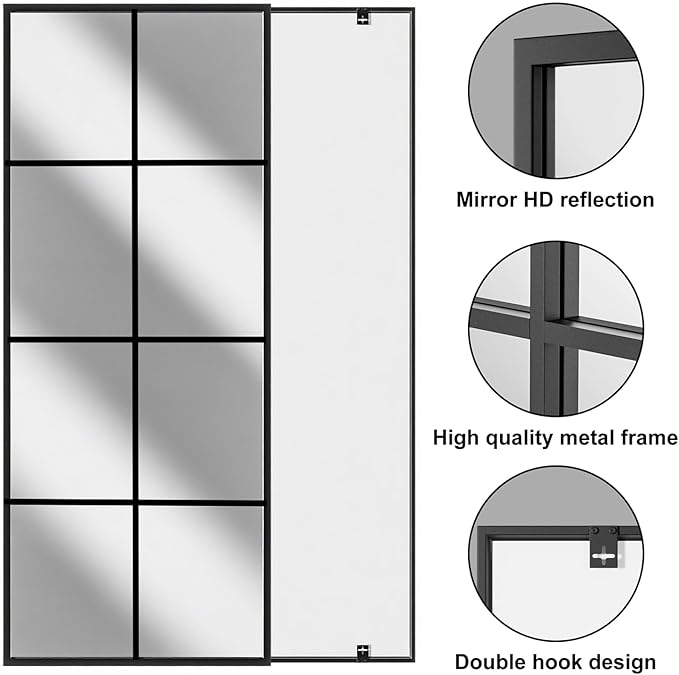 Prywot Full Length Mirror, 56"x22" Window Pane Mirror for Wall Decor, Full Body or Wall Mounted Mirrors, Farmhouse Standing Mirrors Hanging or Leaning for Living Room, Entryway, No Stand