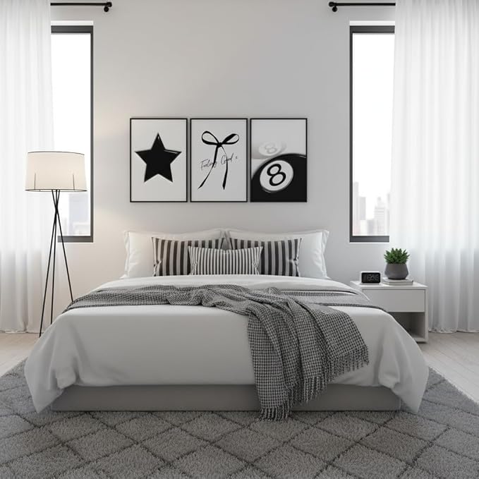 Black and White Wall Art Set of 3, Trendy Star Bow 8 Ball Canvas Wall Decor, Minimalist Aesthetic Wrapped Canvas Prints Ready to Hang for Teen Girl Bedroom Dorm Apartment Room 16x12 or 24x16 Inch