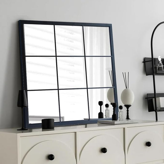 OUSHUAI Black Window Mirror 27"X27",Gird Decor Minimalism Wall Mounted Mirrors for Entryway,Hallway,Living Room,Fireplace