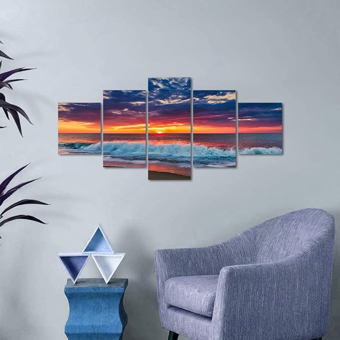 Ocean Decor Canvas Prints Set of 5 Prints Sunset Landscape Poster Cityscape Artwork for Living Room Kitchen Bedroom Decoration Office Home Decor Gift Framed Easy to Hang -50" Wx24 H
