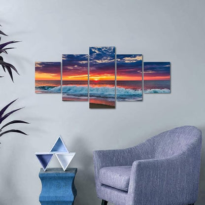 Ocean Decor Canvas Prints Set of 5 Prints Sunset Landscape Poster Cityscape Artwork for Living Room Kitchen Bedroom Decoration Office Home Decor Gift Framed Easy to Hang -50" Wx24 H