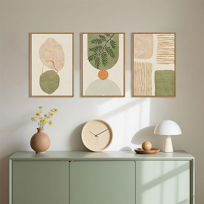 Celestdeco Large Boho Sage Green Framed Canvas Wall Art Set,Abstract Minimalist Geometric Line Wall Decor,Modern Mid Century Beige Leaf Artwork for Living Room,Bedroom,Dining Room,Office-16 x24 x3