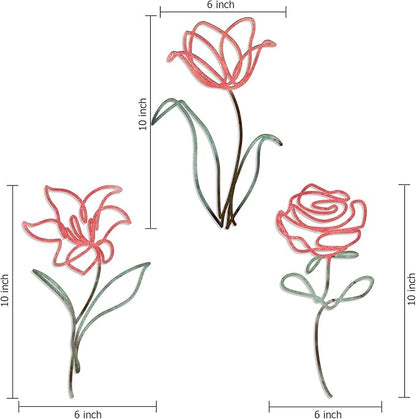 Oubasa 3 Pieces Metal Flowers Wall Art Decor, Rustic Farmhouse Metal Wall Ornament Arts Pink Minimalist Floral Decor for Bathroom Kitchen Bedroom Living Room, 6x10 Inches - Housewarming Gifts