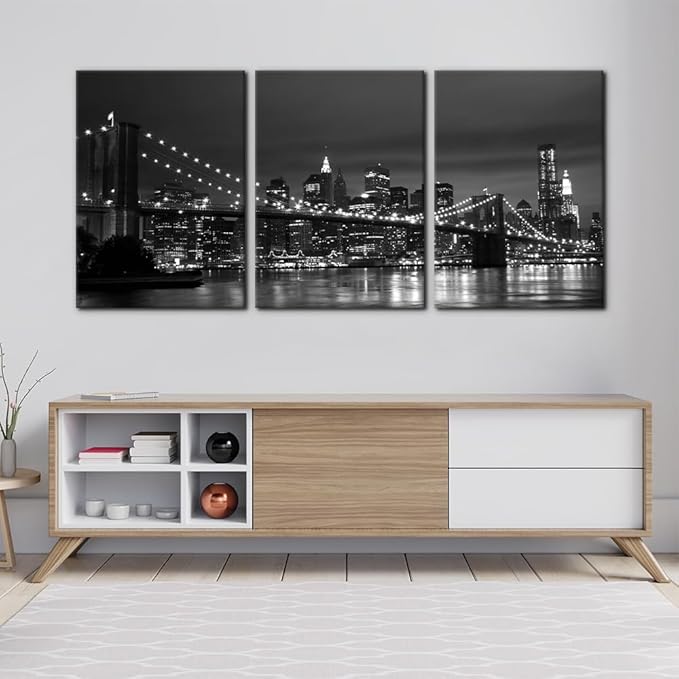 Pacimo New York Brooklyn Bridge Canvas Wall Art 3 Panels Night View Modern Landscape Artwork Cityscape Pictures Prints on Canvas Wall Decor for Home & Office Decoration - 20"x28"x3