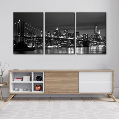 Pacimo New York Brooklyn Bridge Canvas Wall Art 3 Panels Night View Modern Landscape Artwork Cityscape Pictures Prints on Canvas Wall Decor for Home & Office Decoration - 20"x28"x3