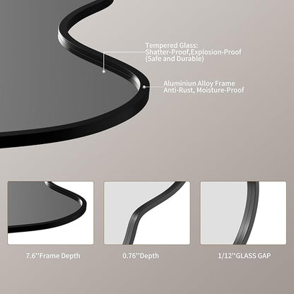 Irregular Wavy Wall Mirror Asymmetrical Shaped Aluminum Alloy Framed Big Unique Full Length Mirror for Living Room Bathroom Bedroom Entryway Fireplace (Black, 47"x21")