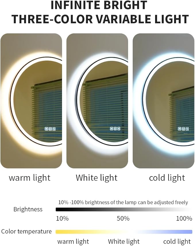 24inches Round LED Mirror,samrt Mirror for Bathroom, Light,Anti- Fog,3 Colors Dimmable,Front and Backlit,CRI90+,Touch Button