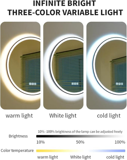 20inches Round LED Mirror,samrt Mirror Bathroom,Wall Bathroom Mirror with Light,Anti- Fog,3 Colors Dimmable,Front and Backlit,CRI90+,Touch Button