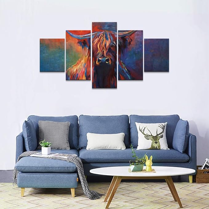 Highland Cow Canvas Wall Art Cow Pictures Modern Abstract Oil Painting on Canvas 5 Panels for Home Decor Living Room, Framed 60L x 40W