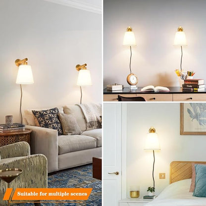 Gold Plug-in Wall Sconces Set of 2, Bedside Lamps With Fabric Linen Shade, Brass Gold Wall Sconce With Cord, Wall Decor Bedroom Lights for Living Room Hallway Porch