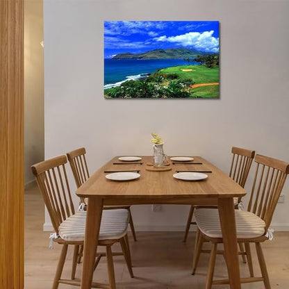chenchenArt Lagoons Golf Course Wall Art for Living Room Bedroom Bathroom Home Decoration Hawaii Ocean Golf Course Picture Poster Canvas Prints Modern Artwork Framed Ready to Hang(18''H x 24''W)