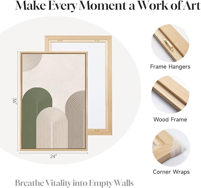 Framed Green Beige Abstract Wall Art for Living Room, 3 Piece Large Neutral Modern Minimalist Canvas Artwork for Walls, Boho Bauhaus Geometric Painting Prints for Hallway Office Wall Decor, 24x36 Inch