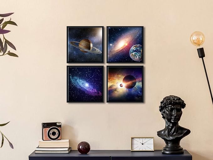 Wieco Art Framed Wall Art 4 Panels Contemporary Star Sky Pictures Astronomy Artwork Modern Canvas Prints Space Pictures Universal Magic Power for Bedroom Home Decorations