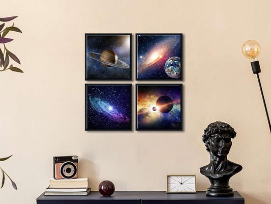 Wieco Art Framed Wall Art 4 Panels Contemporary Star Sky Pictures Astronomy Artwork Modern Canvas Prints Space Pictures Universal Magic Power for Bedroom Home Decorations