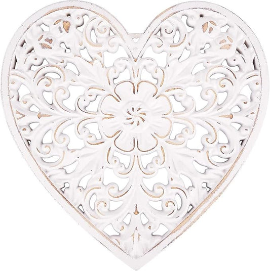 Wooden Wall Decor, Floral Hollow Carved Wall Panel Hanging Decor Rustic Art Sculpture Decorative Carved Floral-Patterned Distressed White MDF Wall Panel for Hallway Bedroom Cafe Office (Heart)